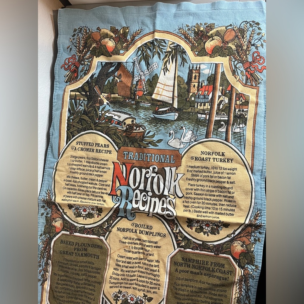 Norfolk Recipes Retro Linen 100% COTTON VTG 1982 Ornate International Tea Towel